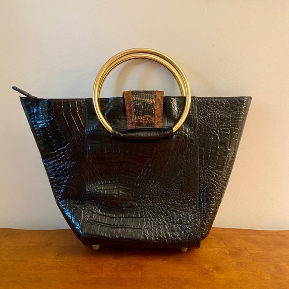 Vintage Faux Croc Handbag Gold Ring Handles - Picture 9 of 9